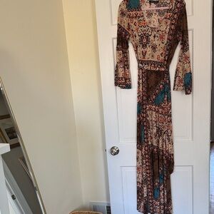 Bohemian Paisley Maxi Dress in Brown, Teal & Cream